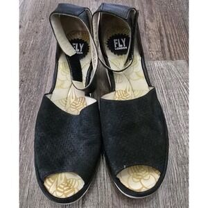 Fly London Black Suede White Wedge Heels Sz 40  9 US